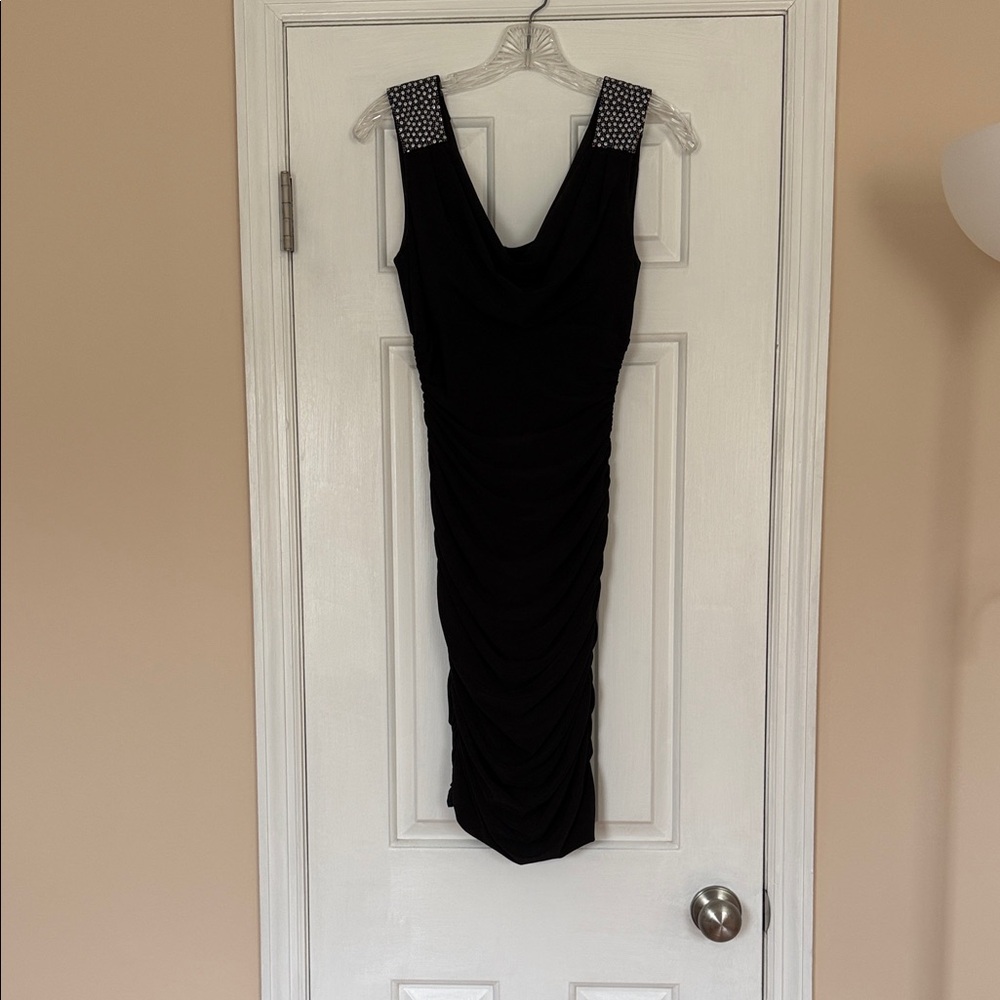 Chic Black Midi Dress with Embellished Straps